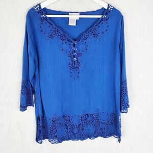 Soft Surroundings Tunic Top Women M Royal Blue Rayon 3/4 Sleeve V Neck Lace